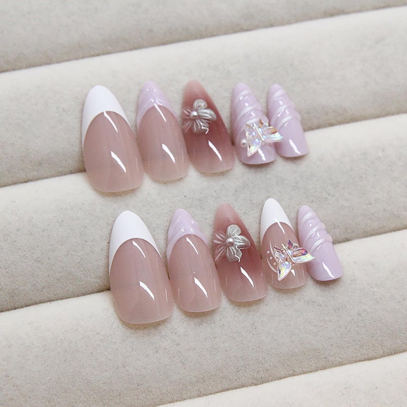 ASABITE 24 Pcs Pink Almond Press on Nails Medium Fake Nails with Glue Reusable False Nails with 3D Flower Butterfly Design Stiletto Nails Acrylic Nail Press ons Spring Nails for Women Nail Art Decorations - Image 4